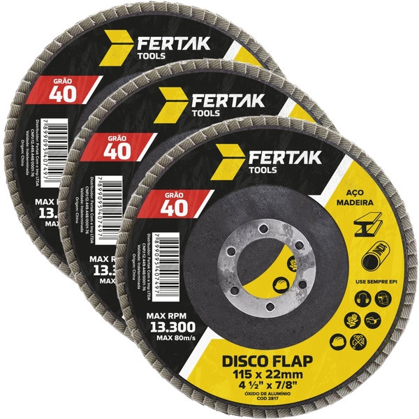 Disco Lixa Flap 115mm Grão 40 Madeira Aço Desbaste | 03 Un